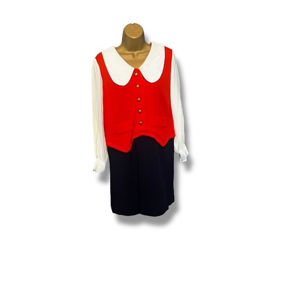 Vintage Mod Red White Blue Dress w/ Peter Pan Collar & Bronze Buttons - Picture 2 of 12